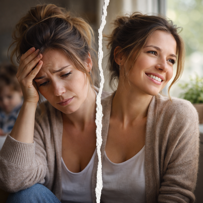 Picture, one side a stressed and overworked mom, the other side a relaxed, happy mom